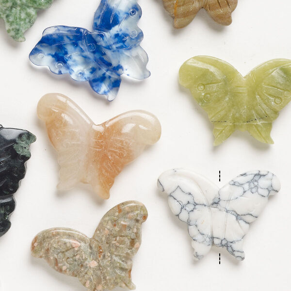 Multi-gemstone / glass 1pkg10, carved butterfly bead mix 32x23mm-40x33mm image number 0