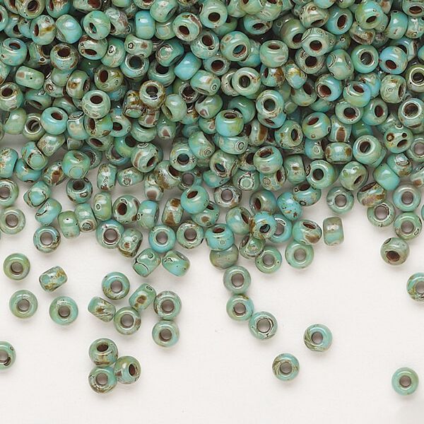 Seed bead, Miyuki, glass, pkg/250g, #8 rocaille, opaque Picasso turquoise blue, (RR-4514). image number 0