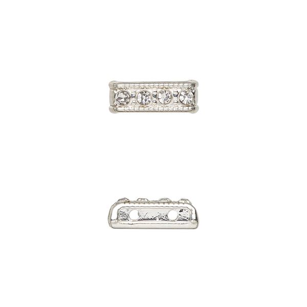 Spacer bar, silver-finished "pewter" (zinc-based alloy) and glass, clear, 12.5x4.5mm rectangle, 2-strand with crystals on one side, fits up to 6mm beads. Sold per pkg of 6. image number 0
