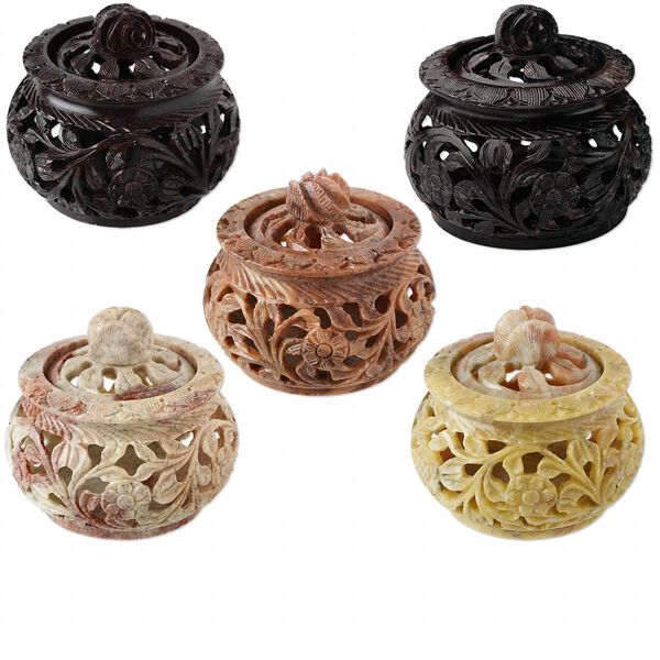Soapstone 1pkg1, hand-cut carved trinket box 3x2.75 inch image number 0