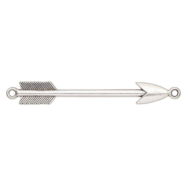 Focal, antique silver-finished pewter (tin-based alloy), 3 x 1/2 inch double-sided arrow with 2 loops. Sold individually. image number 0