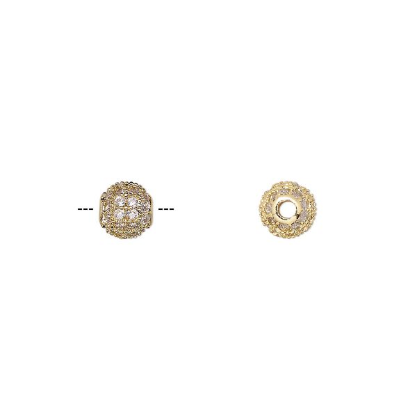 Bead, cubic zirconia and gold-finished brass, clear, 5.5mm textured round. Sold individually. image number 0