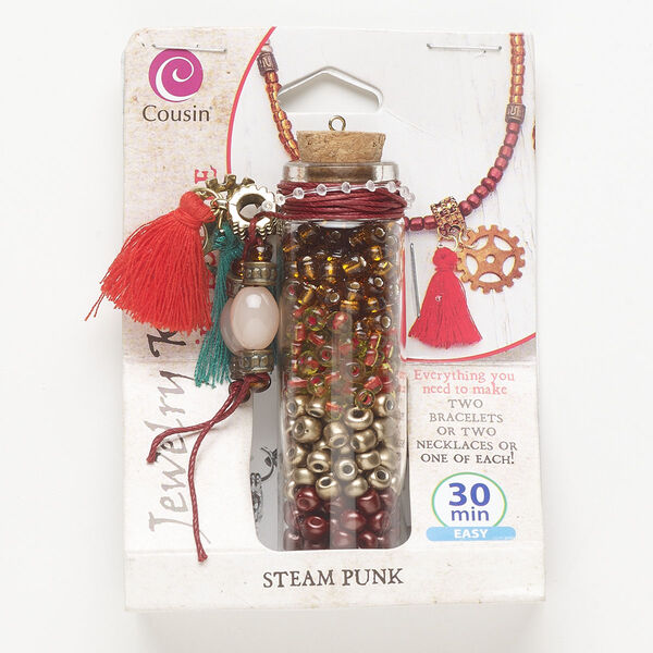 Necklace or bracelet kit, glass / steel / antique silver-finished "pewter" (zinc-based alloy) / cork / cotton, mixed colors, steampunk theme. Sold per set. image number 0