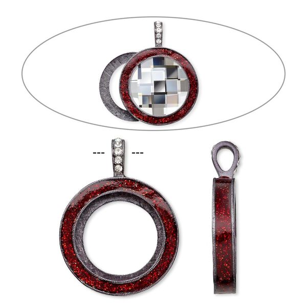 Pendant, Almost Instant Jewelry®, epoxy / crystals / gunmetal-finished "pewter" (zinc-based alloy), light Siam red and crystal clear with glitter, 45x35mm single-sided with 30mm round setting. Sold individually. image number 0