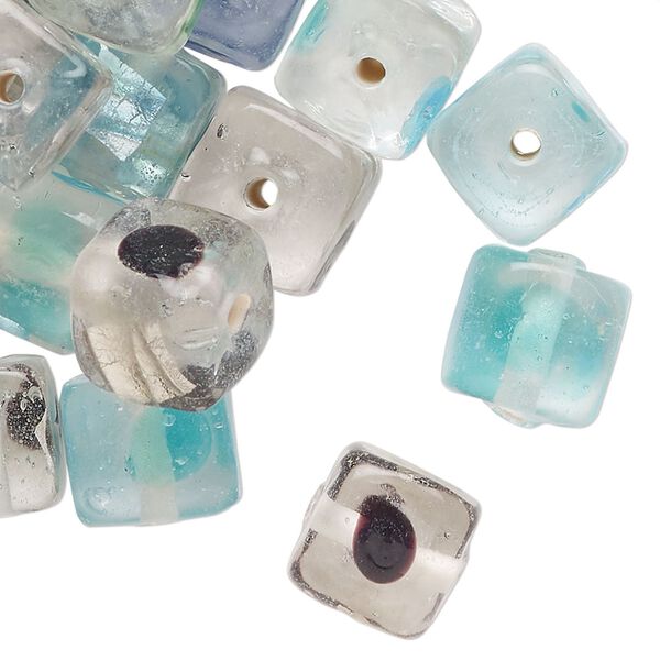 Bead mix, dichroic glass, transparent mixed colors, 11mm cube with dot design. Sold per 4-ounce pkg, approximately 45 beads. image number 0