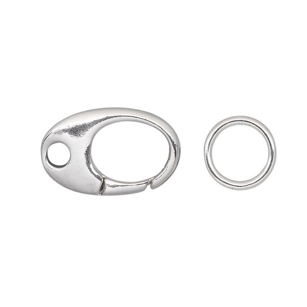 Clasp, JBB Findings, triggerless lobster claw, sterling silver, 19x12mm oval with 10mm jump ring. Sold individually. image number 0