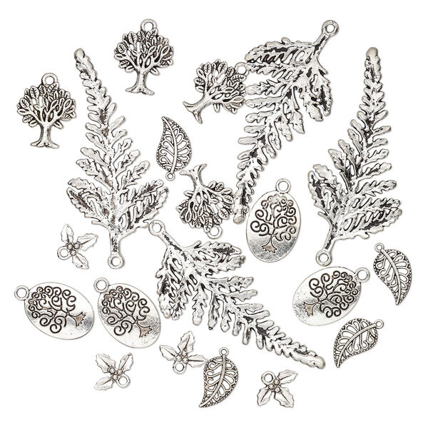 Focal and charm, antique silver-plated "pewter" (zinc-based alloy), 14x10mm-59x29mm single- and double-sided assorted leaf and tree. Sold per pkg of 20. image number 0