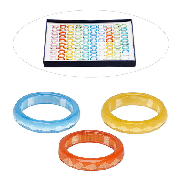 Ring mix, cat's eye glass (fiber optic glass), mixed colors, 5-6mm faceted, sizes 4-9. Sold per pkg of 100. image number 0
