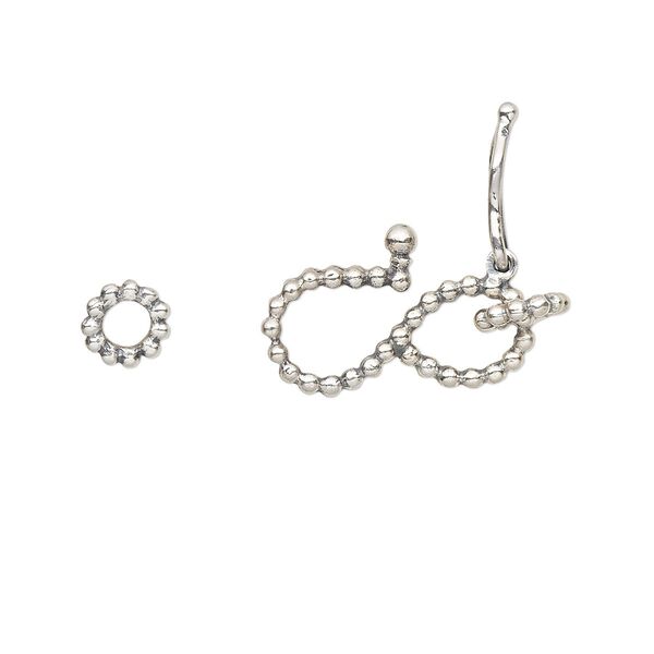Clasp, S-hook, antiqued sterling silver, 14x8mm with dot design and safety latch with (2) 5mm closed jump rings. Sold individually. image number 0