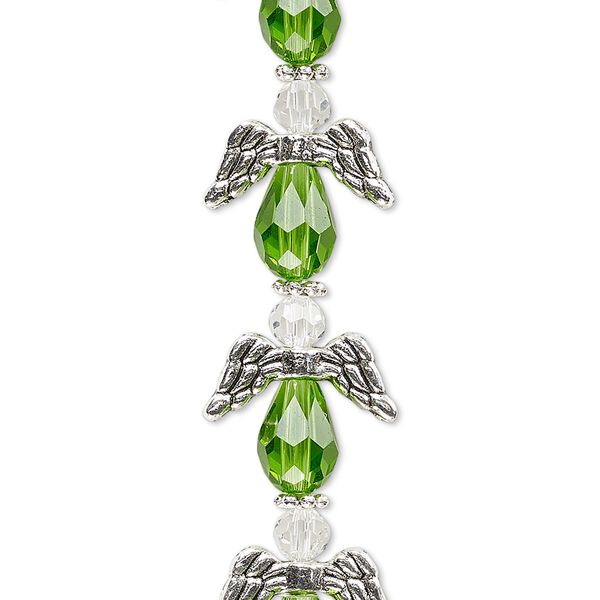 Bead, crystal and antique silver-plated "pewter" (zinc-based alloy), transparent lime green and clear, 17x14mm angel. Sold per pkg of 6. image number 0
