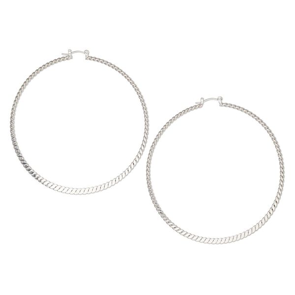 Earring hoop 1pkg2, 3 inch twisted / latch-back closure, silver-finished steel 1 pair image number 0