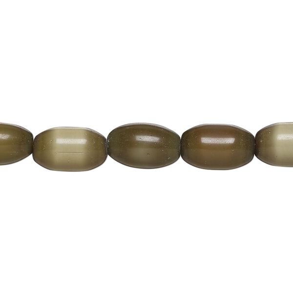 Bead, cat's eye glass (fiber optic glass), olive green, 10x6mm-11x7mm oval, economy grade. Sold per 15-inch strand. image number 0