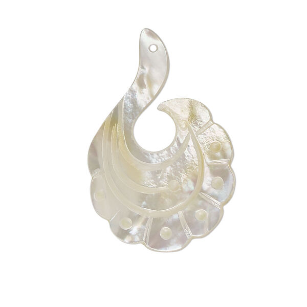 Focal, mother-of-pearl shell (natural), 30x18mm hand-carved single-sided peacock, Mohs hardness 3-1/2. Sold individually. image number 0