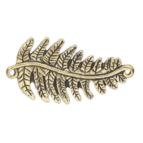 Focal, TierraCast®, antique gold-plated pewter (tin-based alloy), 38x20mm 3D fern. Sold individually. image number 0